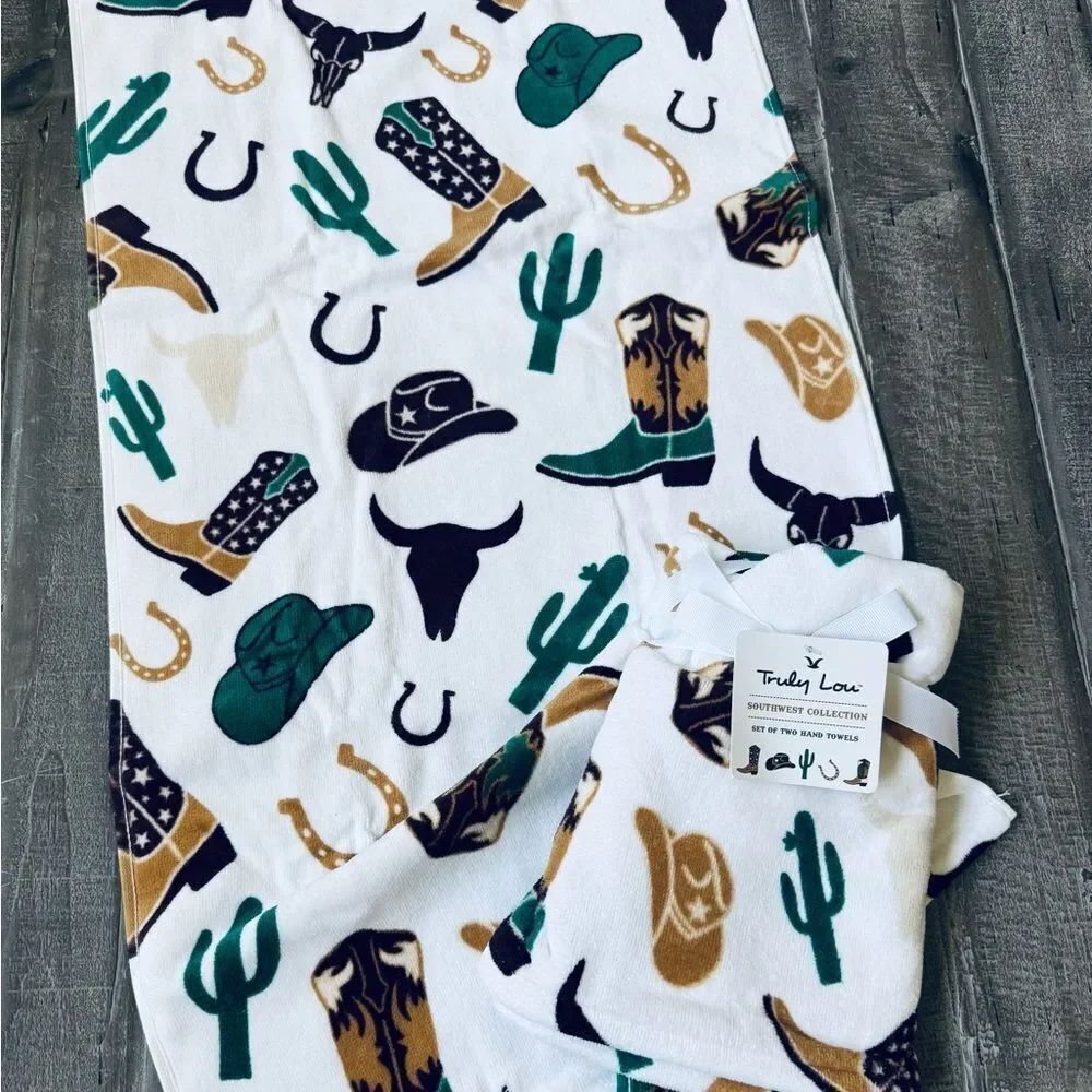 Western Cowboy Southwest Boots Cactus Horseshoe Print Bathroom Hand Towels Set